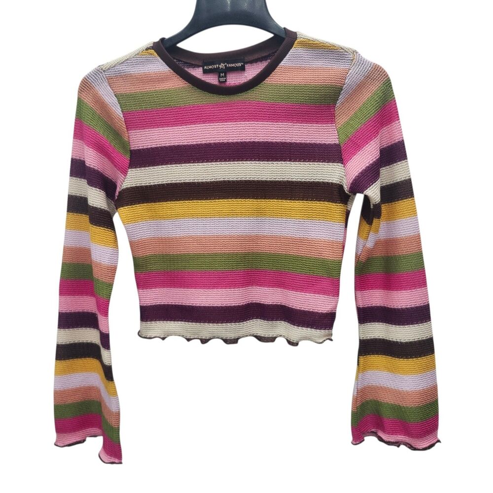 Almost Famous Cropped Sweater Juniors Medium Brown Pink Striped Lettuce Trim 70s